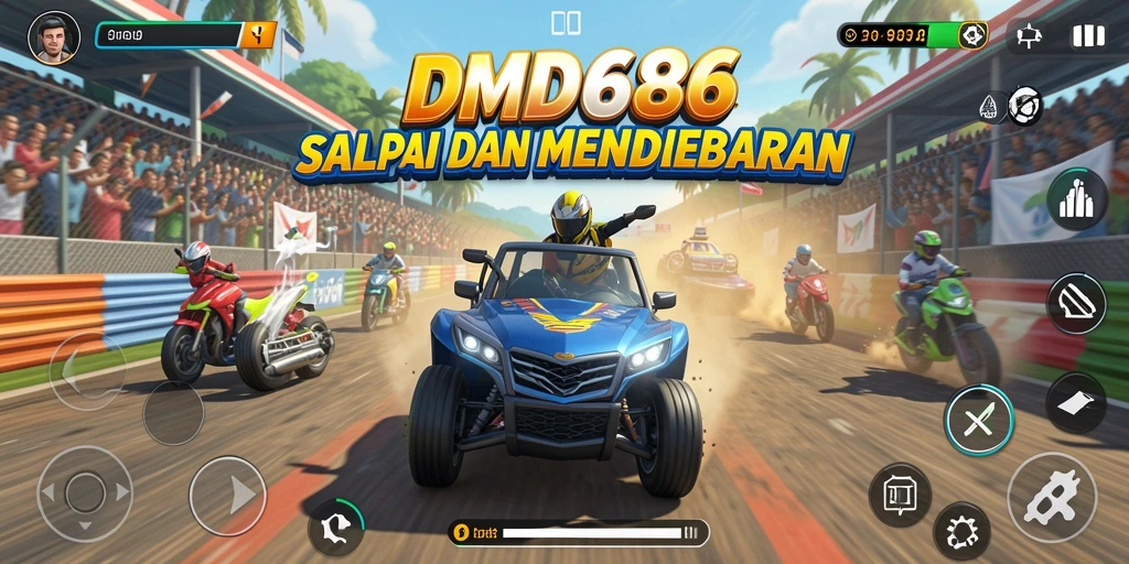 Tampilan seru dari gameplay DMD686 saat balapan di trek menantang.