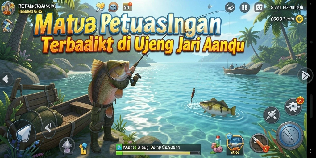 Screenshot menunjukkan pemain sedang memancing di danau yang indah.