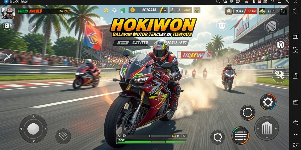 Screenshot gameplay HOKIWON menampilkan aksi balapan motor yang mendebarkan.