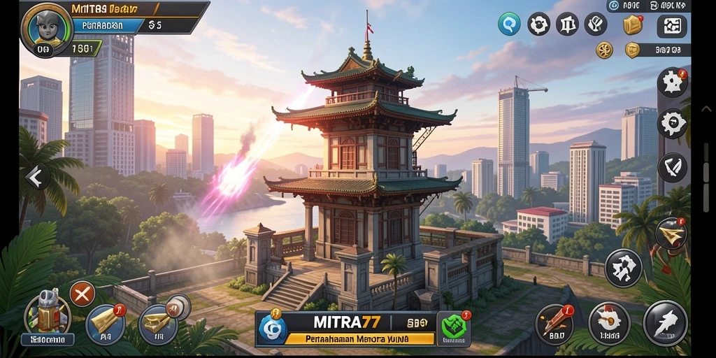 Screenshot gameplay MITRA77 menampilkan strategi pertahanan menara yang seru.