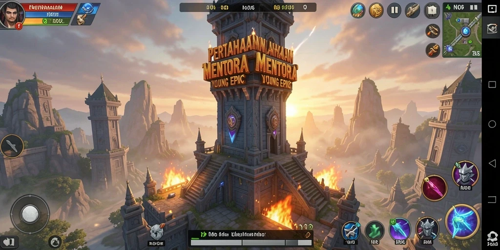 Gameplay N06 menampilkan pertarungan epic antara menara dan musuh.