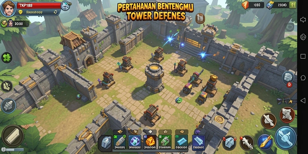 Tangkapan layar gameplay TKP188 menunjukkan aksi seru Tower Defense.