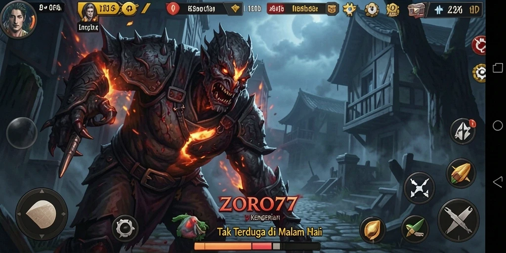 Screenshot gameplay ZORO77 yang menampilkan momen menakutkan dan atmosfer angker.